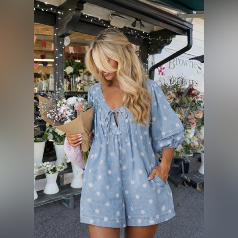 Peach Love Blue Polka Dot Tie-Front Romper